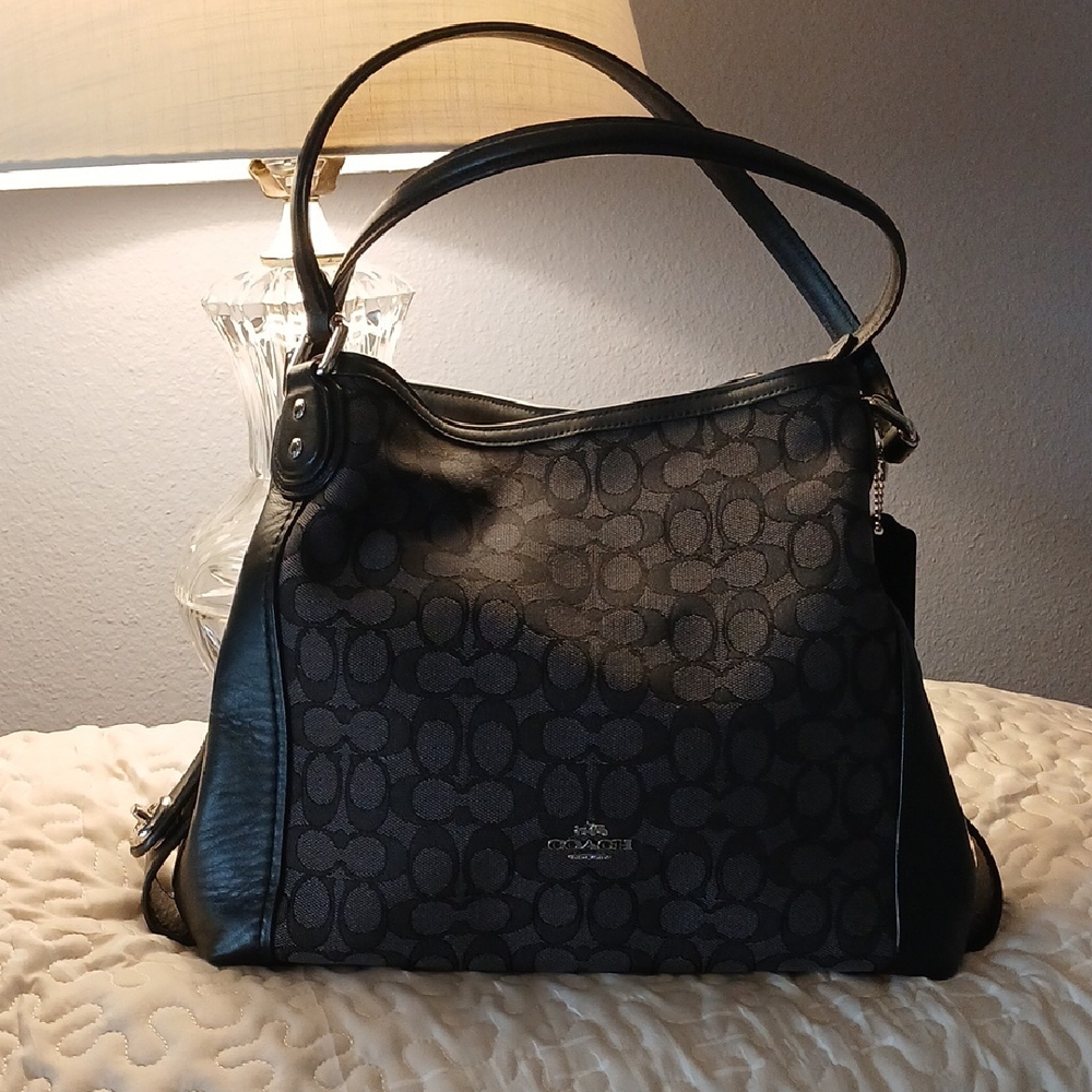Coach Edie Black Shoulder Bag with Signature Pattern